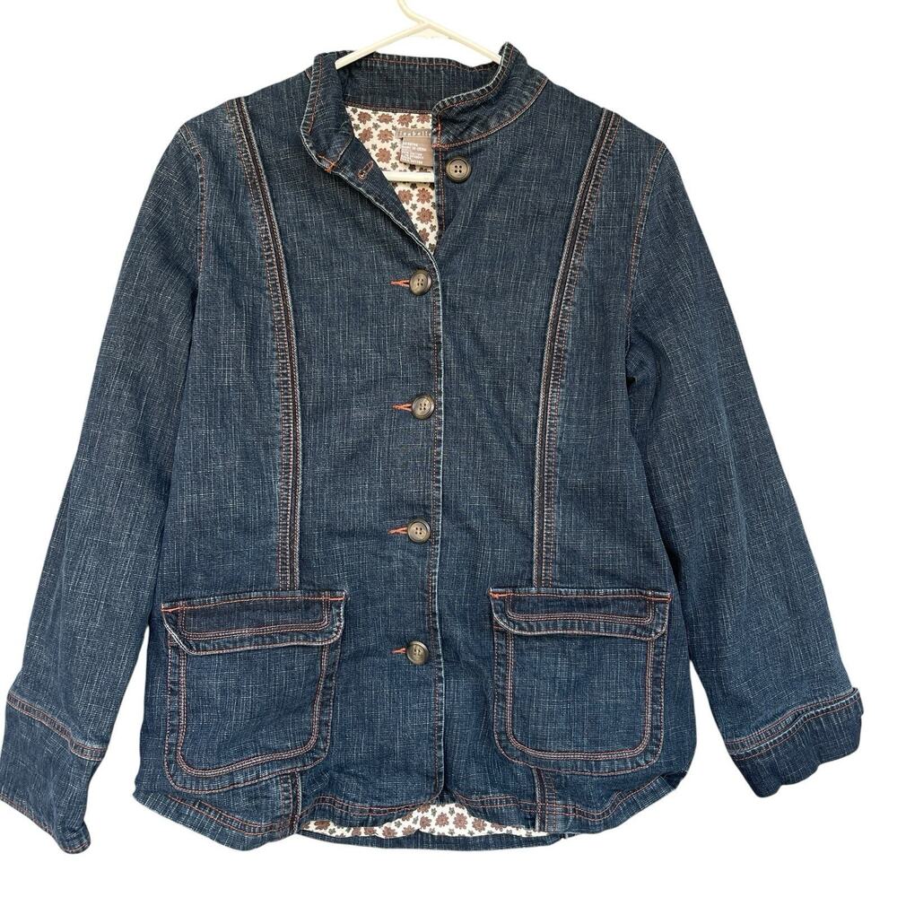 Isabella Bird Womens Jean Jacket Medium Blue Button Up Floral Lined Casual Denim